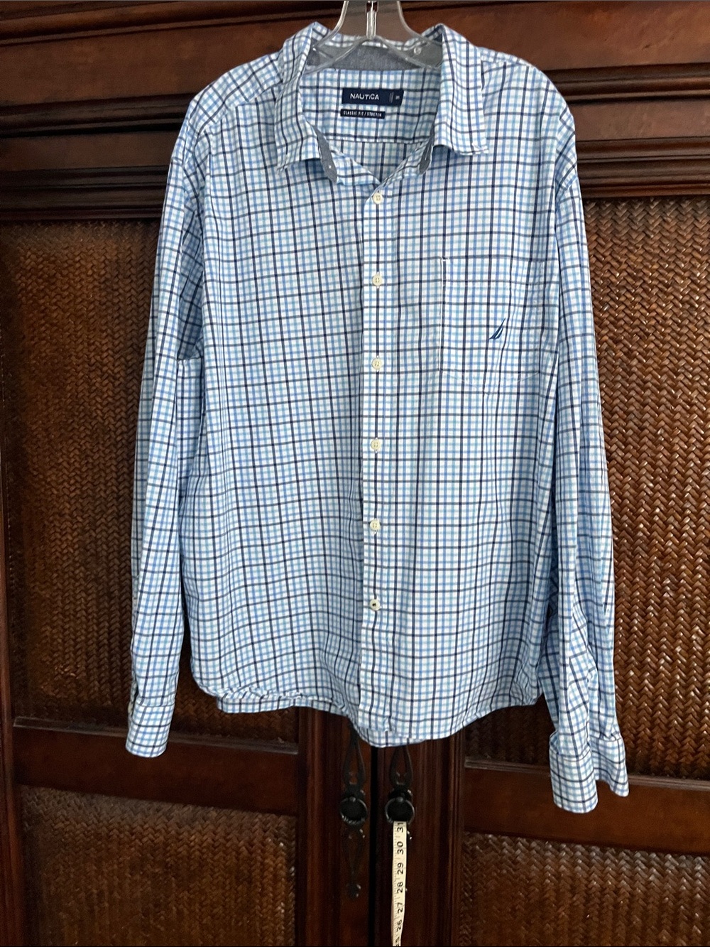 Nautica Men’s Light Blue and White Checked Button-Down Shirt